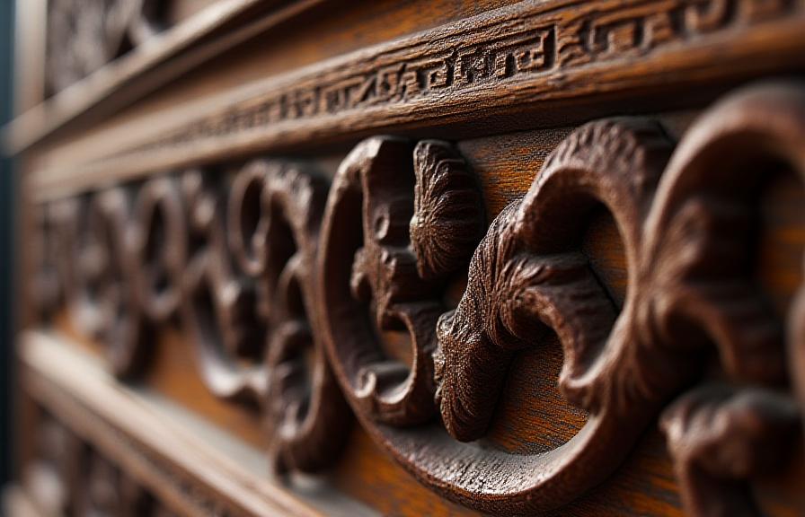 Intricate wood carving details on restored furniture